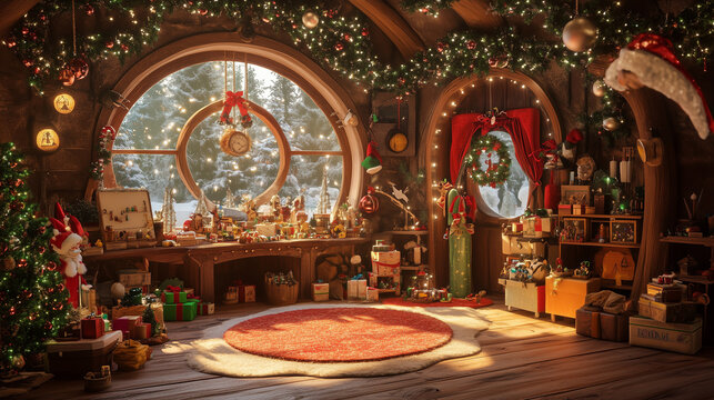Wnętrze warsztatu Świętego Mikołaja na Biegunie P&oacute;łnocnym, gdzie wesołe elfy tworzą prezenty na wielką noc Bożego Narodzenia. Sceneria pełna radości i świątecznego klimatu.