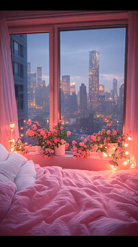 Fototapeta Modern style luxury pink master bedroom with blurry city view in the night background