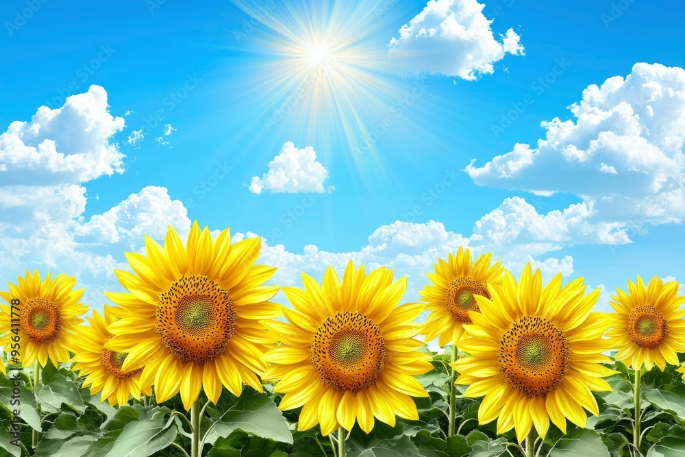 Poster Bright Yellow Sunflowers Against a Blue Sky with White Clouds