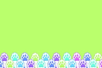 Green card, green background, green background with colorful paws, paws cats, cat, animal, pet, foot, paw pet, paws, fun, fauna, green frame, greeting card, happy, green, colorful, card