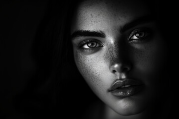 Fototapeta premium Dramatic black and white portrait of a young woman with freckles illuminated by soft studio lighting