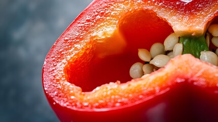 Macro photography showcasing the intricate details and vibrant colors of a freshly sliced red bell pepper highlighting its inner seeds and delicate textural patterns