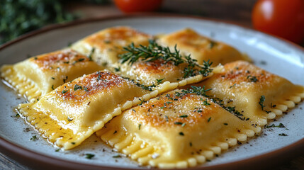 Ravioli: Homemade ravioli stuffed with cheese, meat, or vegetables, served with a delicate sauce and garnished with herbs.