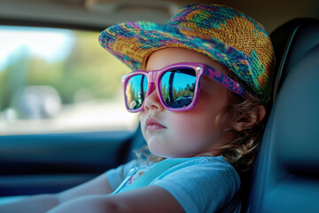 Young girl is enjoying a road trip, wearing sunglasses and a hat while looking out the car window
