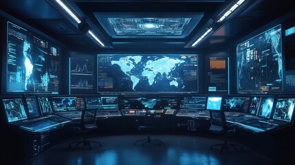 A futuristic control room with numerous screens showcasing global data and analytics in a high-tech setting.
