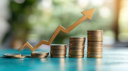 Coins Stacking with Growing Arrow and Progressing Graph: Symbolizing Increasing Financial Interest Rates and Business Growth Trends