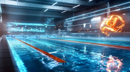 Futuristic Swimming Pool with Glowing Lights.