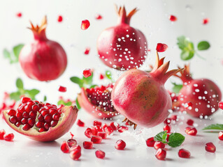 Various falling fresh ripe pomegranate on light white background, horizontal composition
