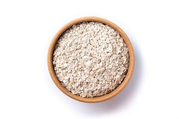 Rolled oats, healthy breakfast cereal oat flakes in bowl isolated on white background. Top view