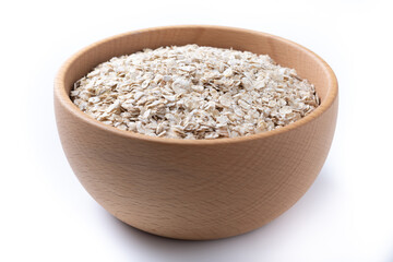 Rolled oats, healthy breakfast cereal oat flakes in bowl isolated on white background