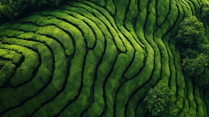 Aerial View of Lush Green Tea Plantation with Curved Rows and Dense Foliage in a Serene Natural Landscape