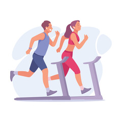 Good Company with Man and Woman Friend Run on Treadmill Vector Illustration