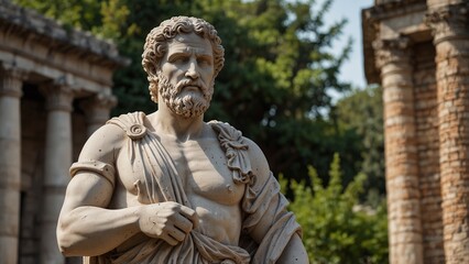 A statue of Asclepius holding a serpent staff, with a background of ancient hospital ruins surrounded by medicinal plants.