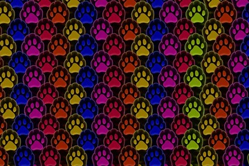 Pet, paw, animal, cat, background, seamless pattern with colorful paw animals, seamless pattern with colorful paws of cats, neon, lamp, light, illustration of glow paws animals, pattern, cat's paw