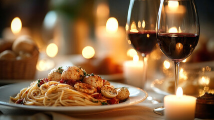 Fototapeta premium Romantic Italian Dinner: A romantic, candle-lit Italian dinner for two, featuring classic dishes, wine, and a warm, intimate ambiance.