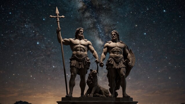  A twin statue of Pollux and Castor standing side by side, holding spears, with a background of a starry sky, symbolizing Gemini.