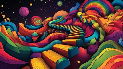 A psychedelic, colorful illustration of an infinite spiral staircase leading to the center of infinity. 