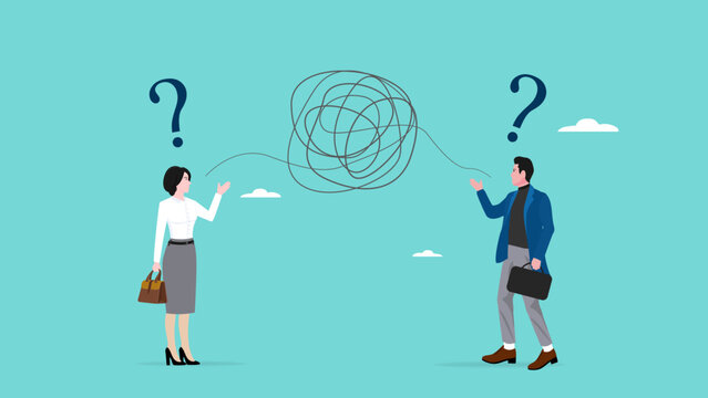 Communication problem or conflict opinion, misunderstanding or confusion, dissent or miscommunication concept, two confused work partners communicating with messy lines