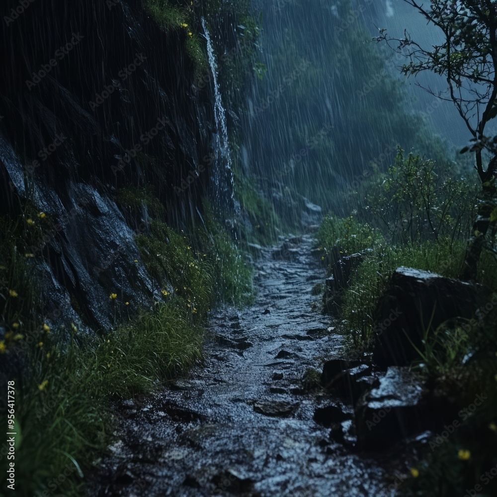 Canvas Prints A stone path winds through a misty, lush forest, rain falling on the foliage and rocks.