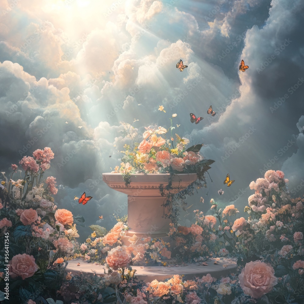 Poster A stone pedestal adorned with a bouquet of pink and white flowers is surrounded by a field of pink flowers. The sky above is filled with fluffy clouds and beams of sunlight.