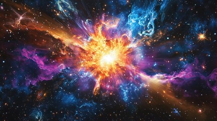 Fototapeta premium Flash of light in space, resembling a supernova explosion with vibrant colors and star clusters surrounding it.
