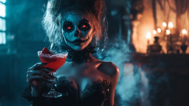 scary woman holding a haunted cocktail, the background is the blurry, smoky interior of a haunted mansion, styled like a horror movie.