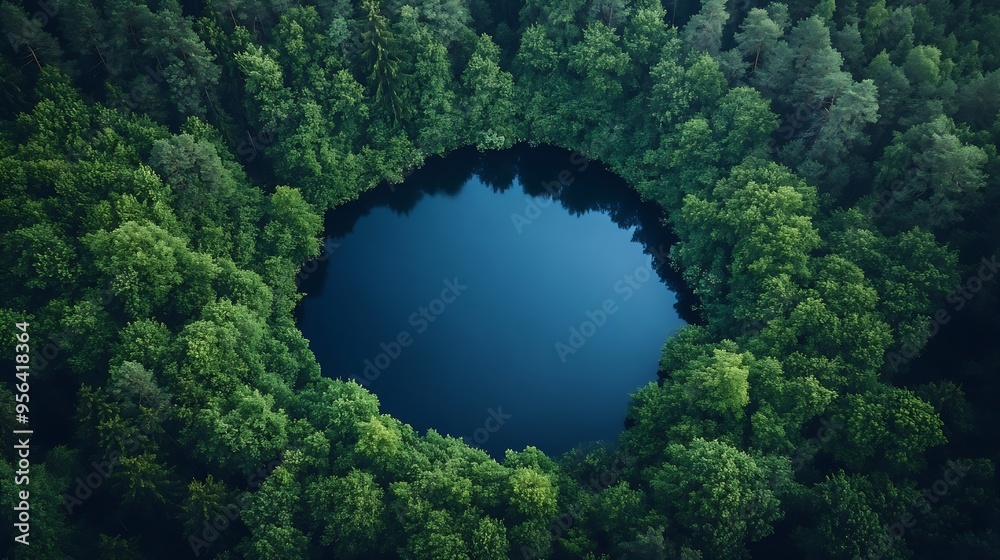 Poster aerial view of a lake in the forests of lithuania wild nature the name of the lake is mergeles akele