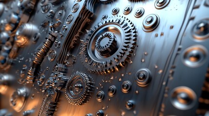 A close up shot of intricate metal gears, bolts, and pipes.