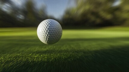 Fototapeta premium Golf ball flying through the air with a blurred background, capturing the dynamics of a long-distance drive.