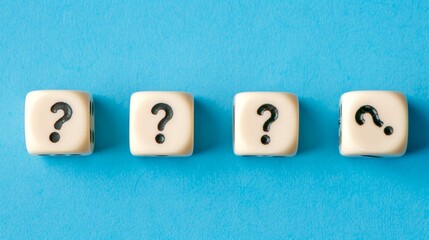 Four white dice with question marks sit on a blue background. This image conveys themes of inquiry and curiosity. Perfect for educational and creative projects. AI