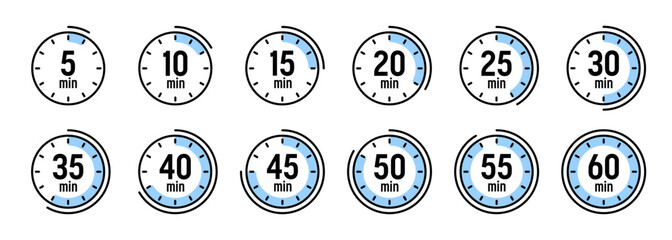 Stopwatch icons. Colorful simple chronometer, time counter with dial. Countdown timer showing hours and minutes. Deadline, measurement for sport. Cooking time label, sticker. Vector illustration