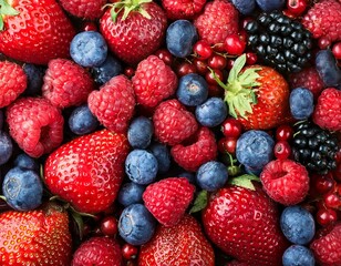 Obraz premium Mix of fresh delicious berries as background, top view