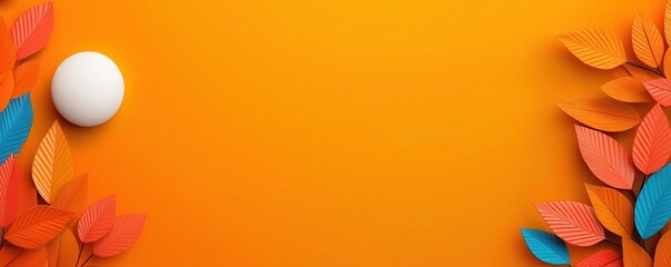 White ball on orange background with colorful leaves.