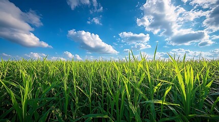 Agriculture Sugar cane plantation with blue sky background sugarcane is a grass of poaceae family Sugar cane plant tree in countryside for food industry or renewable bioenergy power pa : Generative AI