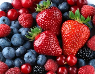 Fototapeta premium Mix of fresh delicious berries as background, top view