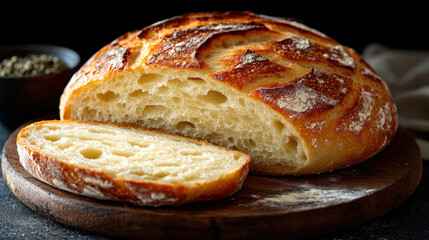 Sourdough Loaf: A round sourdough loaf with a crispy, chewy crust and a distinctive tangy flavor, displayed with a slice cut open to show the texture.