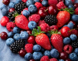 Mix of fresh delicious berries as background, top view