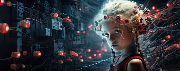 Artificial Intelligence. Woman using technology. Girl enter command prompt for generates dreams, Futuristic concept.