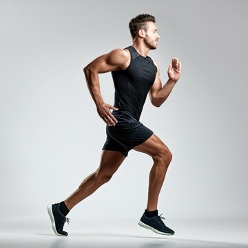 Full length portrait of active young muscular running man,