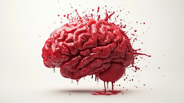 Detailed brain with glowing red neural connections, set against an abstract white background
