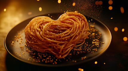 Spaghetti in kreativer Herzform angerichtet, liebevoll mit Tomatensauce und Basilikum garniert. Romantisches Valentinstags-Dinner auf elegantem Teller