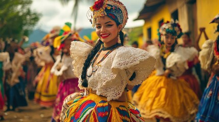 Obraz premium A young woman in a colorful traditional costume smiles brightly as she dances in a vibrant parade.