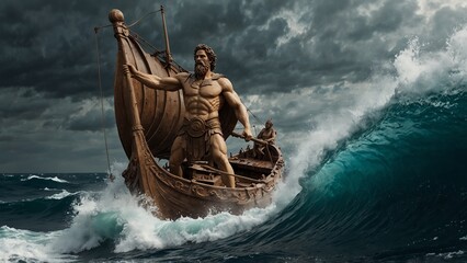 A statue of Odysseus standing on an ancient ship, holding a spear, set against the background of a turbulent sea.