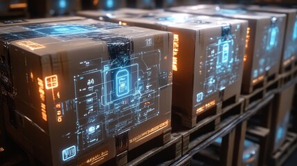 Boxes arranged neatly on a pallet, labels showing shipping information, digital holograms overlaying the packaging, cyberpunk style, high detail