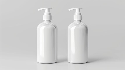 Two sleek white bottles with pumps sit against a soft gray background. They are perfect for lotion or shampoo. The minimalist design offers a clean and modern aesthetic. AI