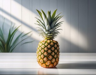 Pineapple fruits with slices on wooden table in pineapple farming.