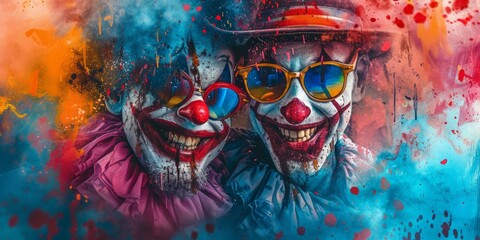 Group of adult friends having fun at dark carnival party. Happy people dressed up in spooky Halloween costumes of witch, devil, clown,