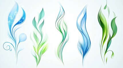 28. A set of abstract graphic elements in cool blue and green tones, reminiscent of water and nature. Can be used for environmental or wellness designs.