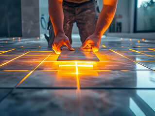 Fototapeta premium A close-up of hands installing white ceramic tiles on a wall, with visible adhesive or grout