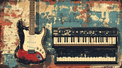 23. Vintage distressed graphic elements collection for a retro album cover, featuring illustrations for different types of music bands like rock, punk, and metal.